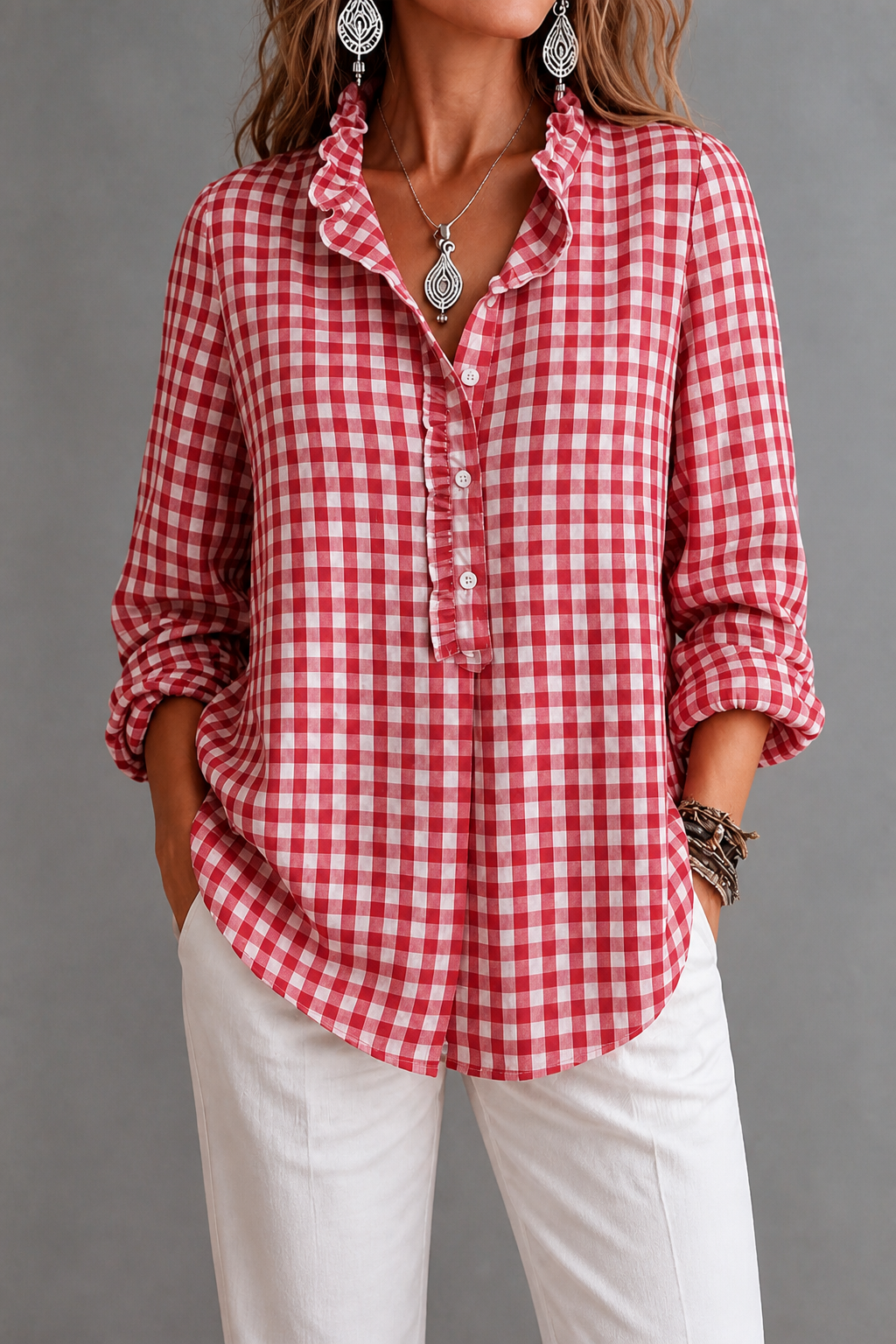 Bluse mit Rüschenkragen und Karomuster