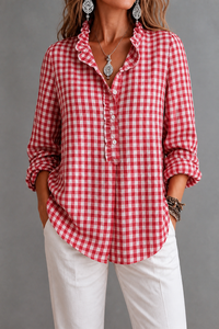 Bluse mit Rüschenkragen und Karomuster