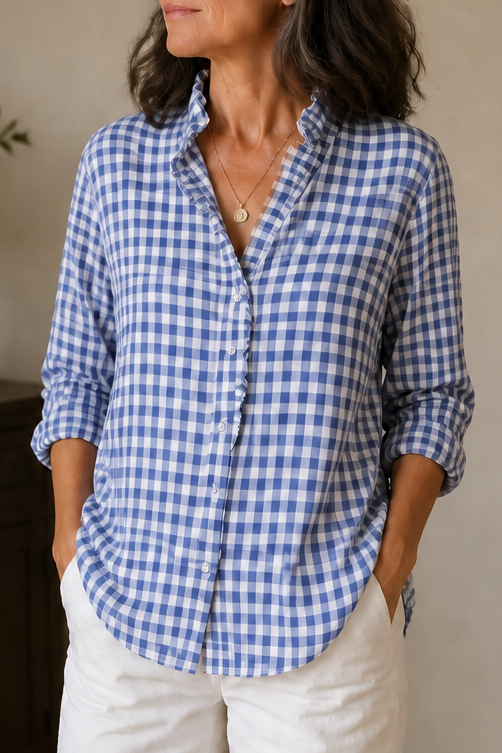 Bluse mit Rüschenkragen und Karomuster