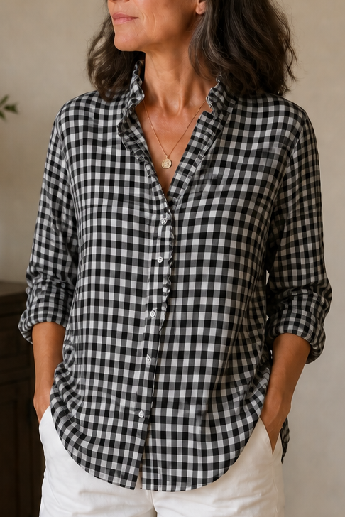 Bluse mit Rüschenkragen und Karomuster
