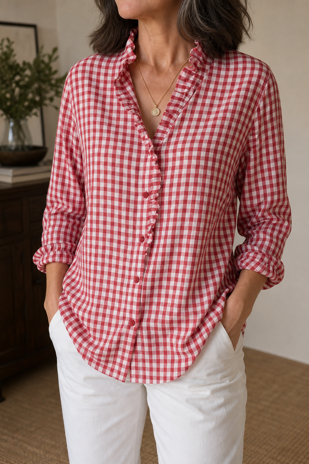 Bluse mit Rüschenkragen und Karomuster