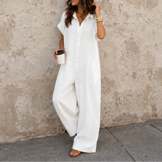Jumpsuit mit weitem Bein, Knopfleiste vorne und Hemdkragen