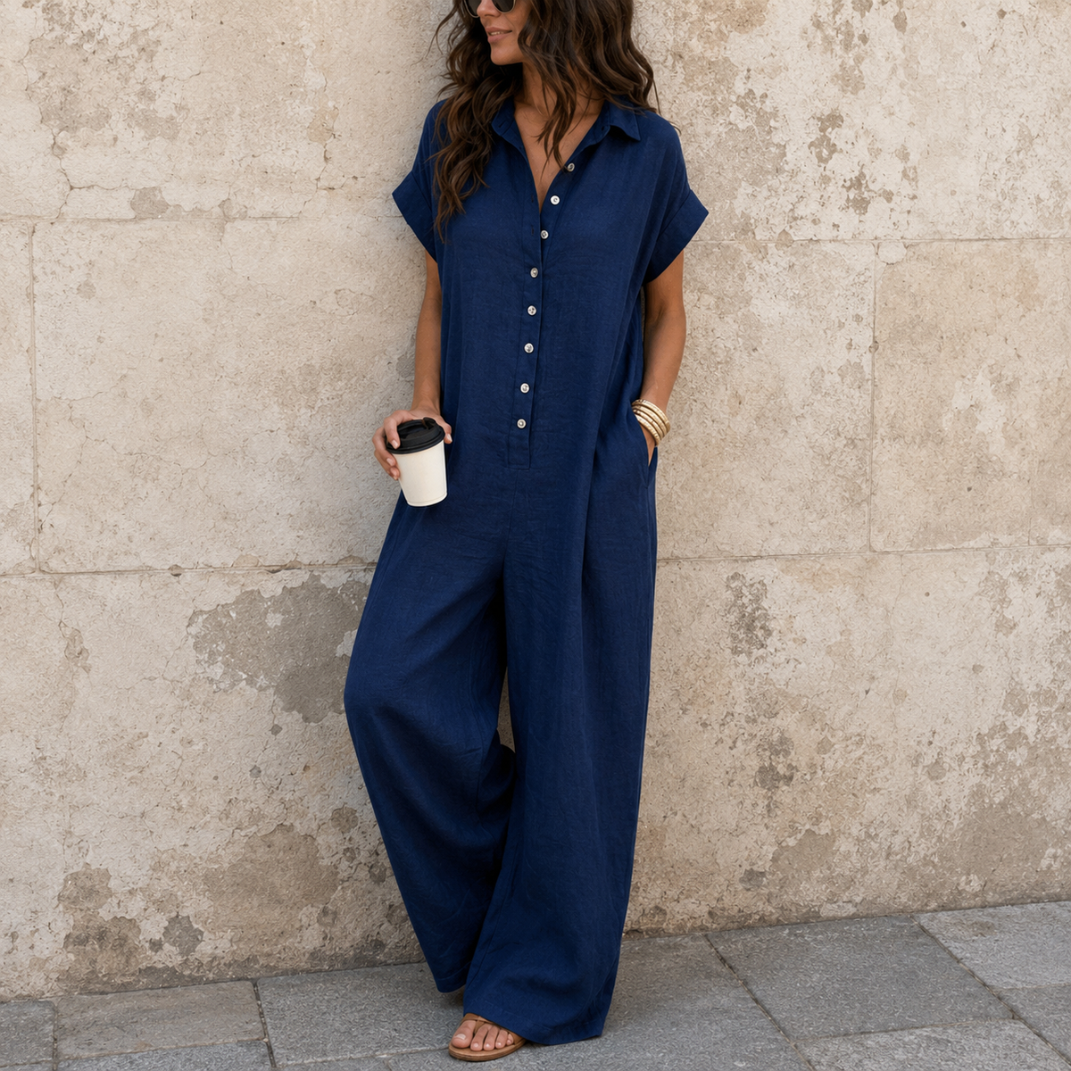 Jumpsuit mit weitem Bein, Knopfleiste vorne und Hemdkragen