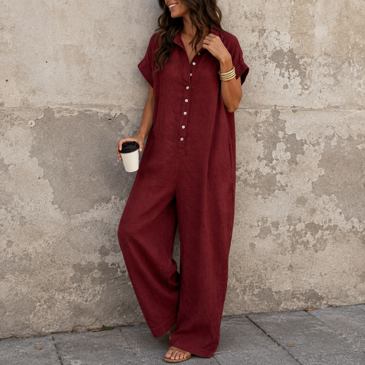 Jumpsuit mit weitem Bein, Knopfleiste vorne und Hemdkragen
