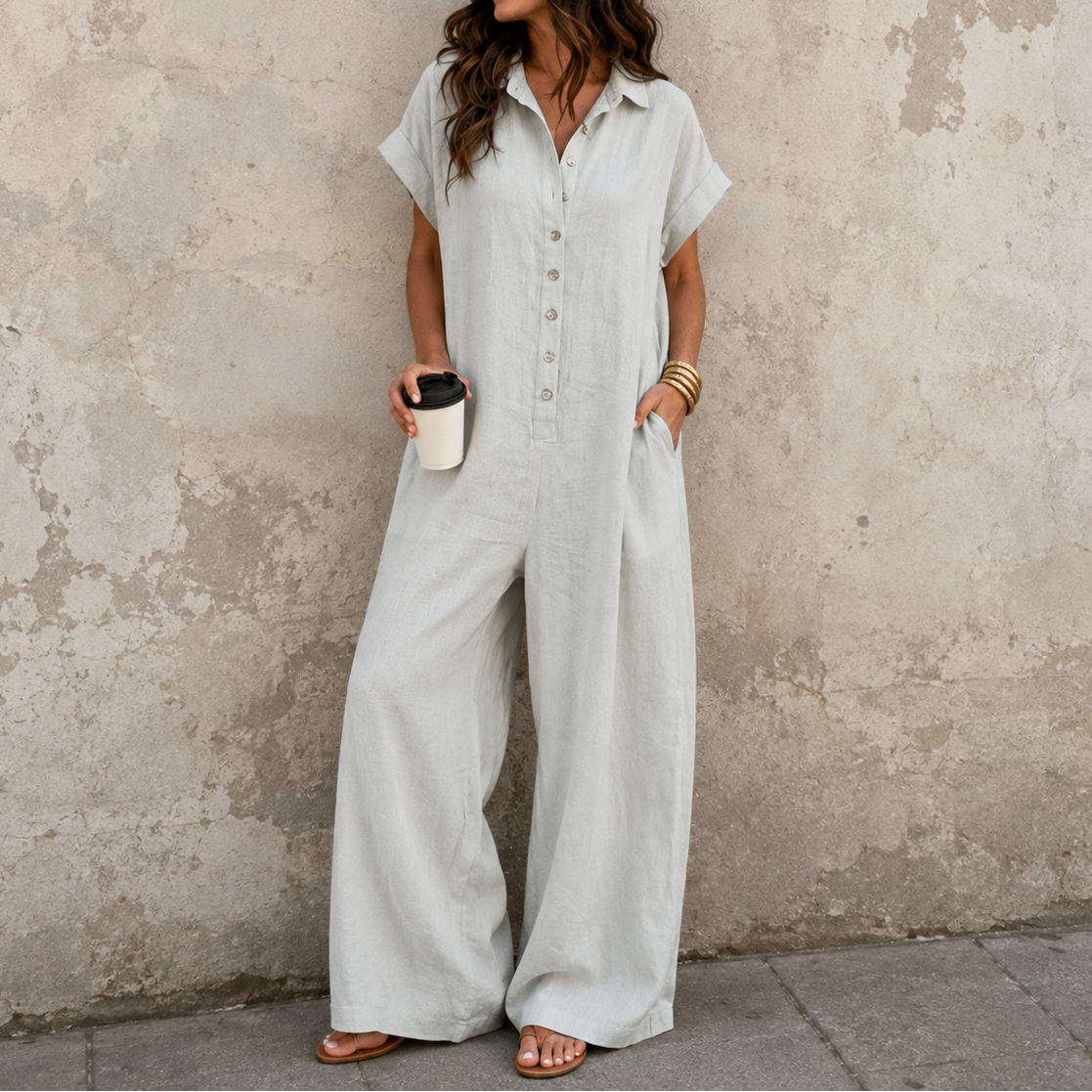 Jumpsuit mit weitem Bein, Knopfleiste vorne und Hemdkragen