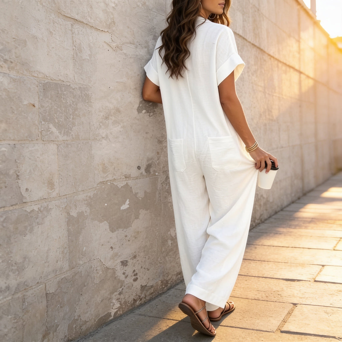 Jumpsuit mit weitem Bein, Knopfleiste vorne und Hemdkragen