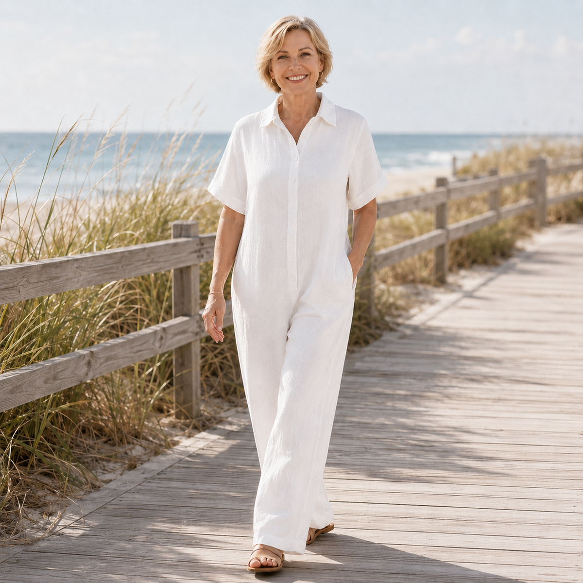 Jumpsuit mit weitem Bein, Knopfleiste vorne und Hemdkragen
