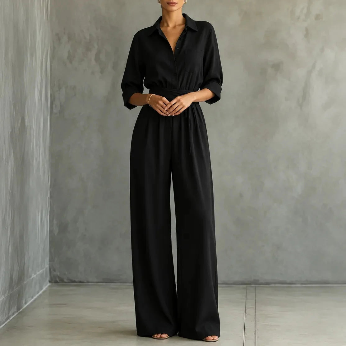 Hemdblusen-Jumpsuit mit weitem Bein und Bindegürtel