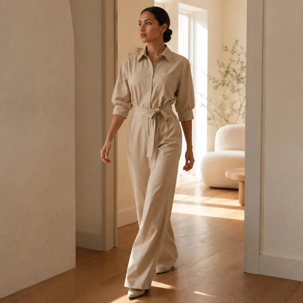 Hemdblusen-Jumpsuit mit weitem Bein und Bindegürtel
