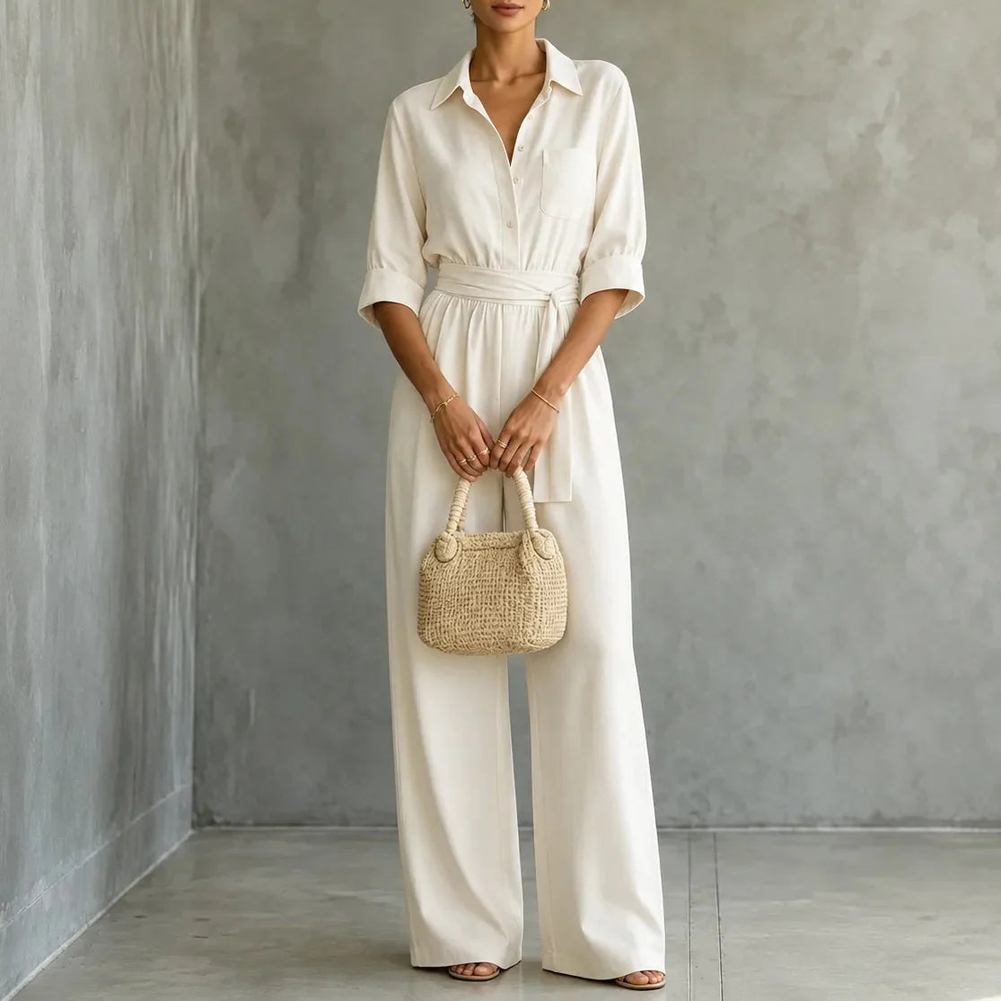 Hemdblusen-Jumpsuit mit weitem Bein und Bindegürtel