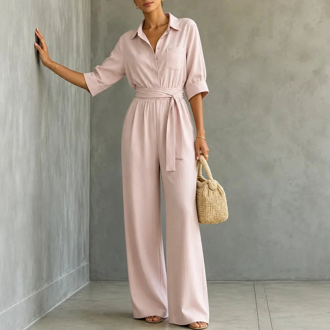 Hemdblusen-Jumpsuit mit weitem Bein und Bindegürtel