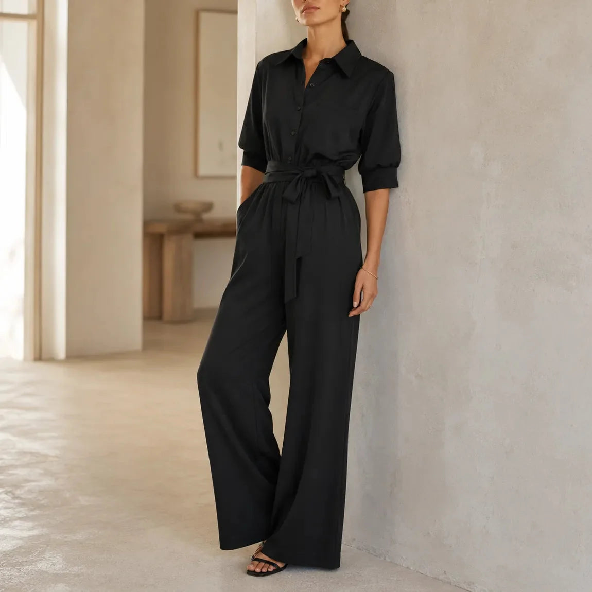 Hemdblusen-Jumpsuit mit weitem Bein und Bindegürtel
