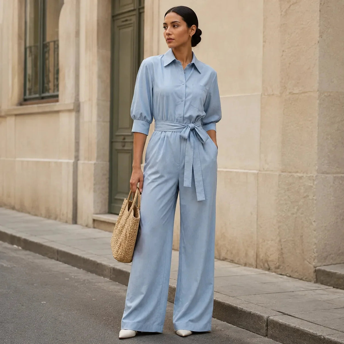 Hemdblusen-Jumpsuit mit weitem Bein und Bindegürtel