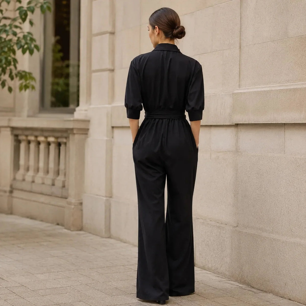 Hemdblusen-Jumpsuit mit weitem Bein und Bindegürtel