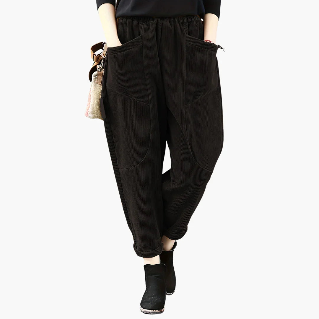 Damen-Cordhose mit weitem Bein und Taschen