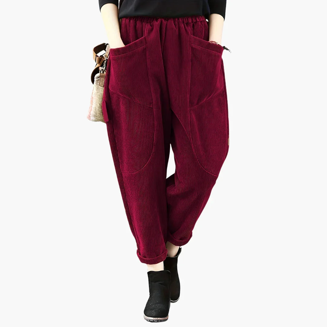 Damen-Cordhose mit weitem Bein und Taschen