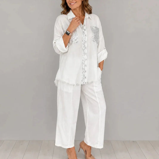 Set aus Hemd mit glitzernder Tasche und Hose mit weitem Bein