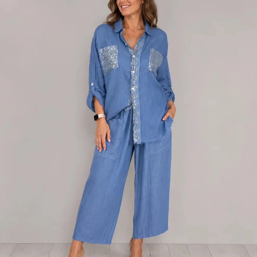 Set aus Hemd mit glitzernder Tasche und Hose mit weitem Bein