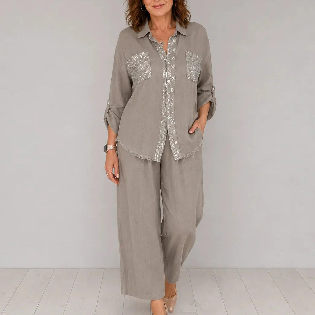 Set aus Hemd mit glitzernder Tasche und Hose mit weitem Bein