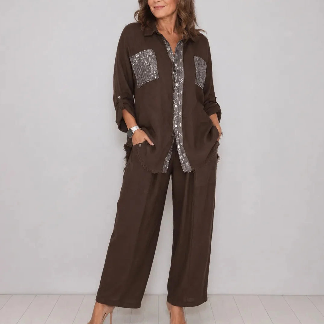 Set aus Hemd mit glitzernder Tasche und Hose mit weitem Bein
