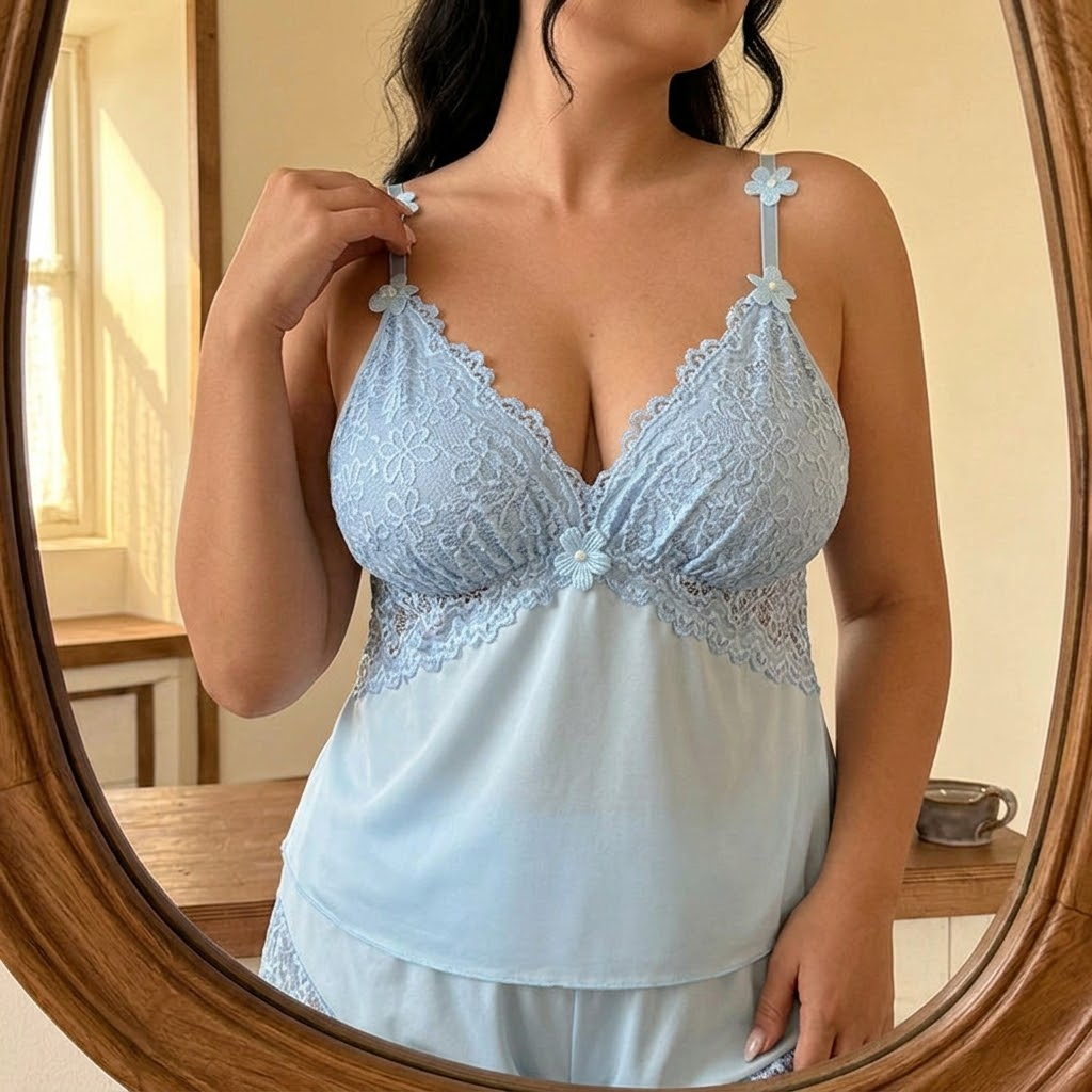 Satin-Schlafanzugset mit Spitzenborte