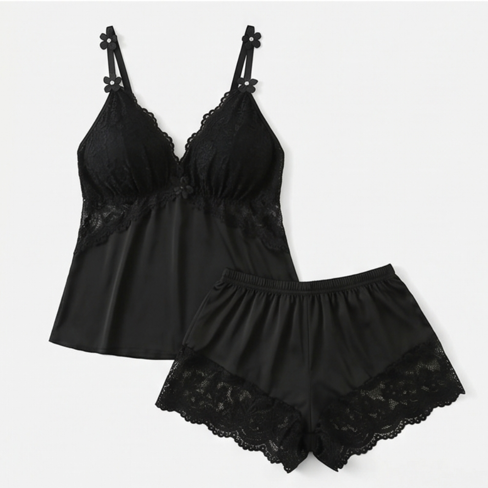 Satin-Schlafanzugset mit Spitzenborte