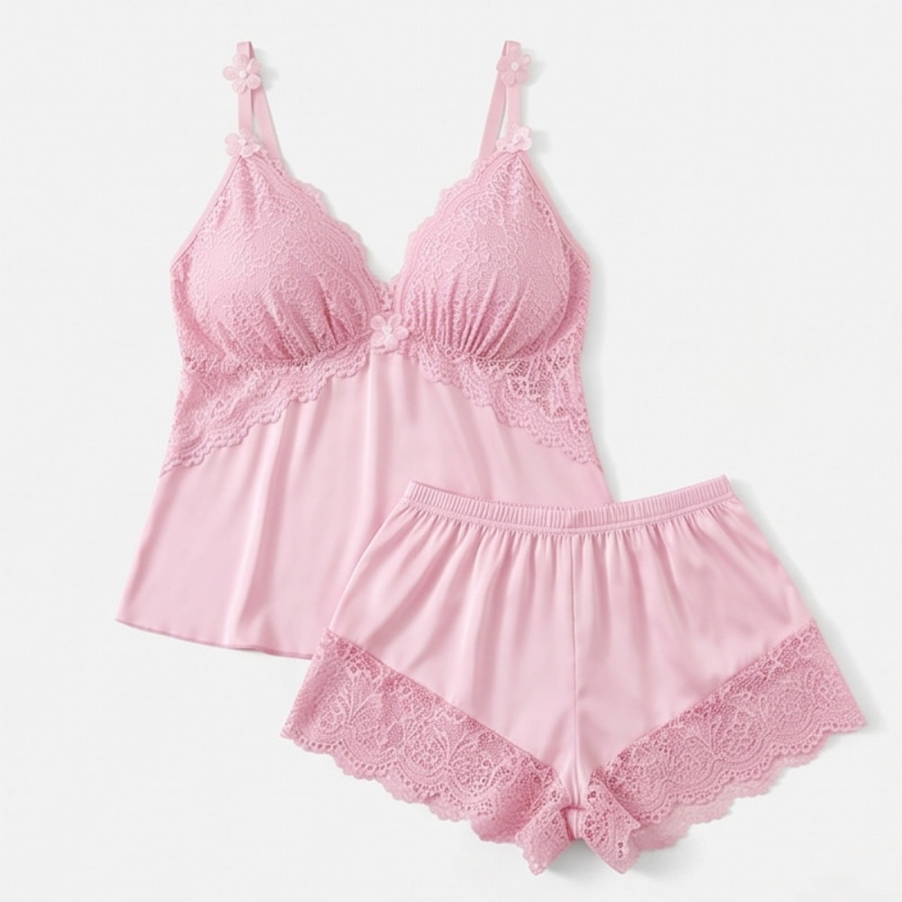 Satin-Schlafanzugset mit Spitzenborte