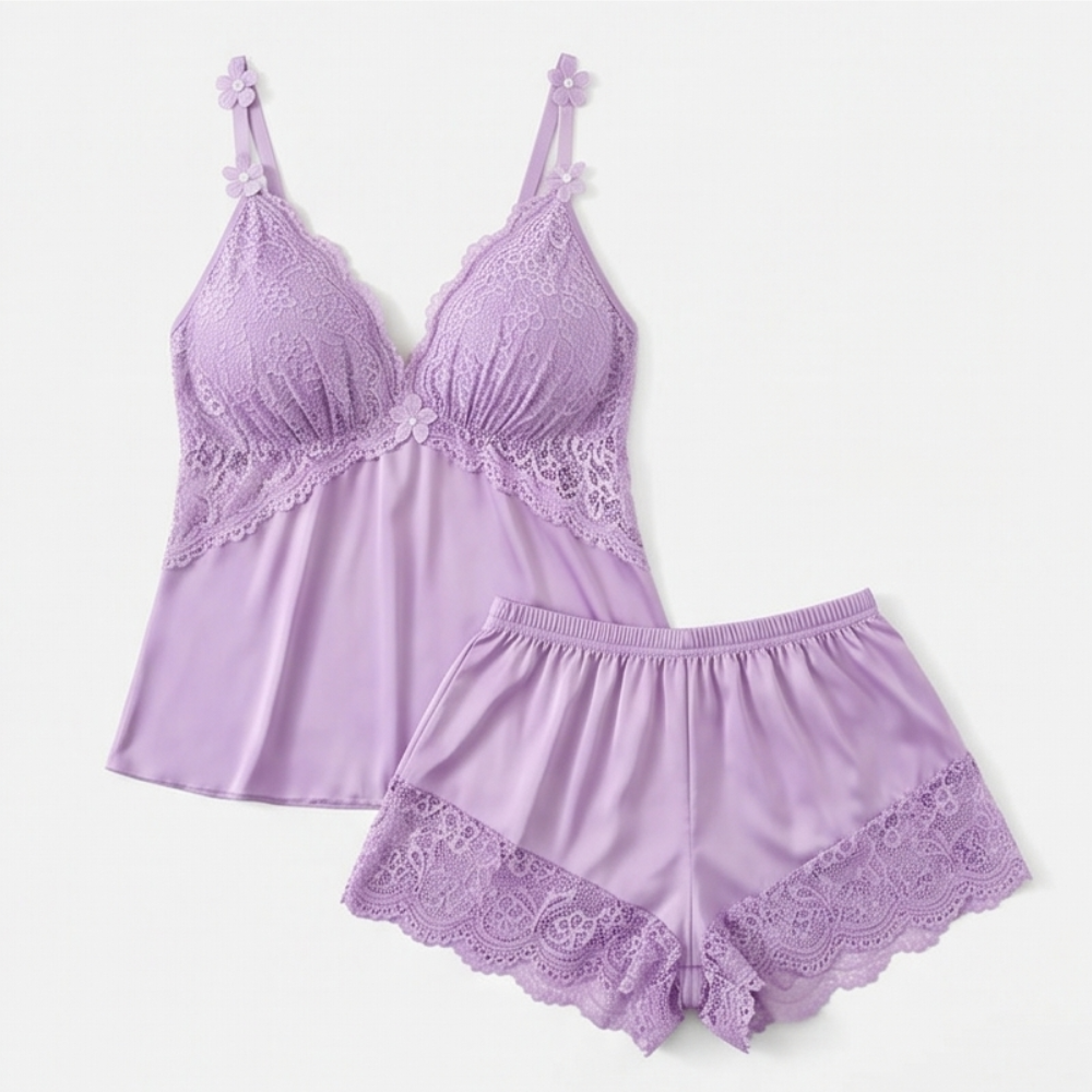 Satin-Schlafanzugset mit Spitzenborte