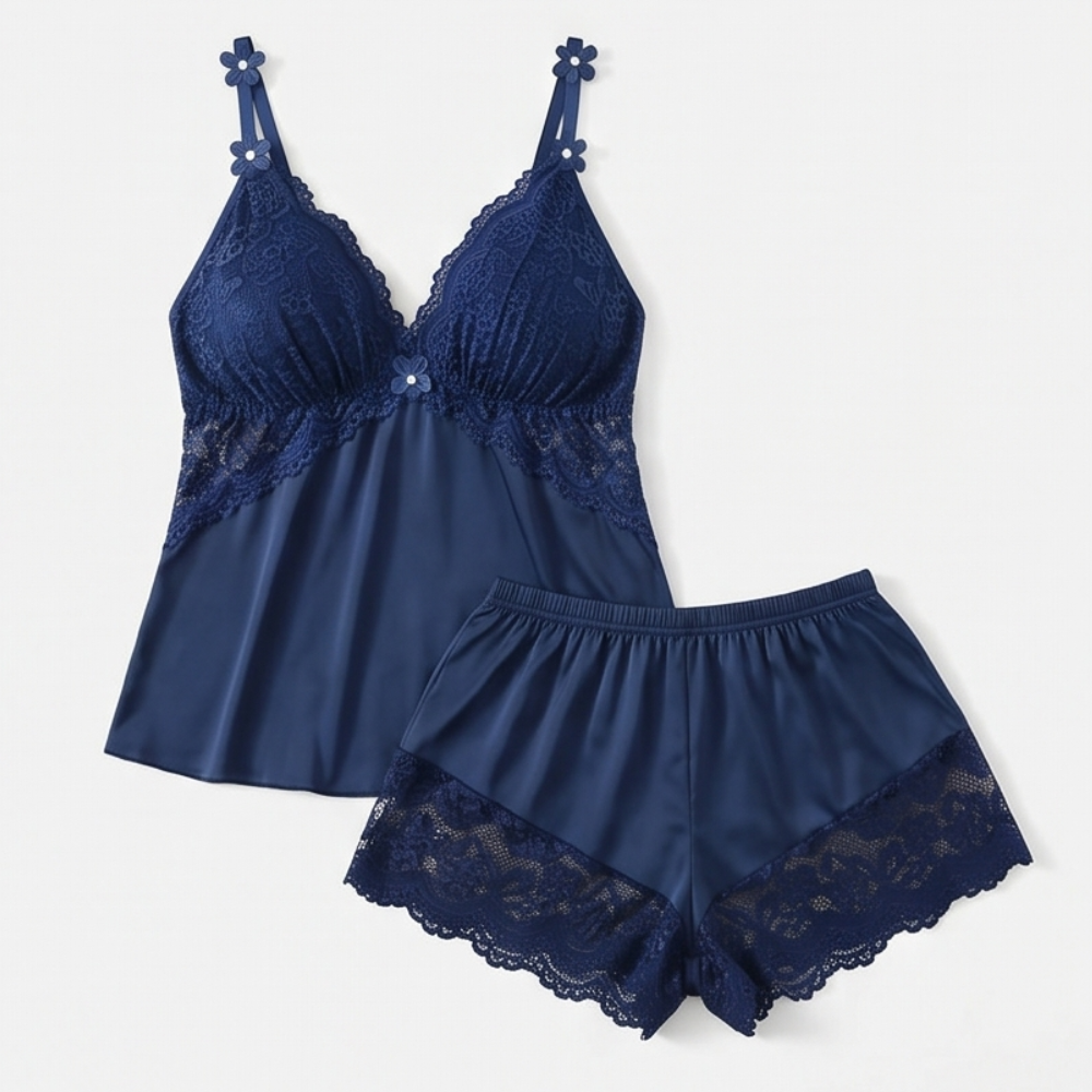 Satin-Schlafanzugset mit Spitzenborte