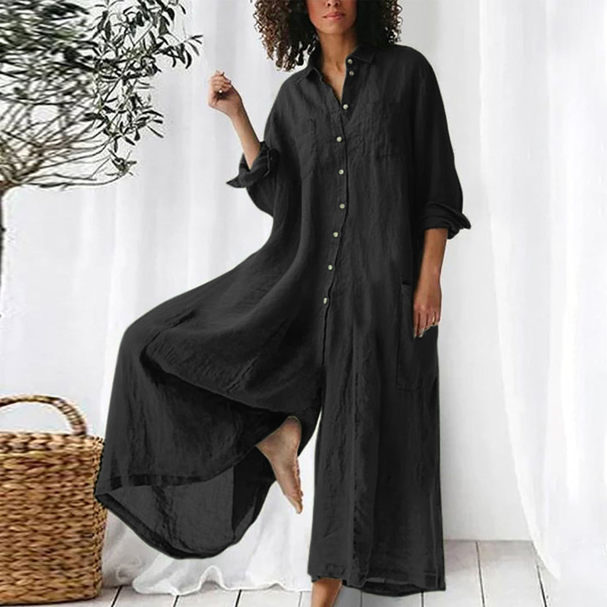 Damen Hemdblusen-Maxikleid