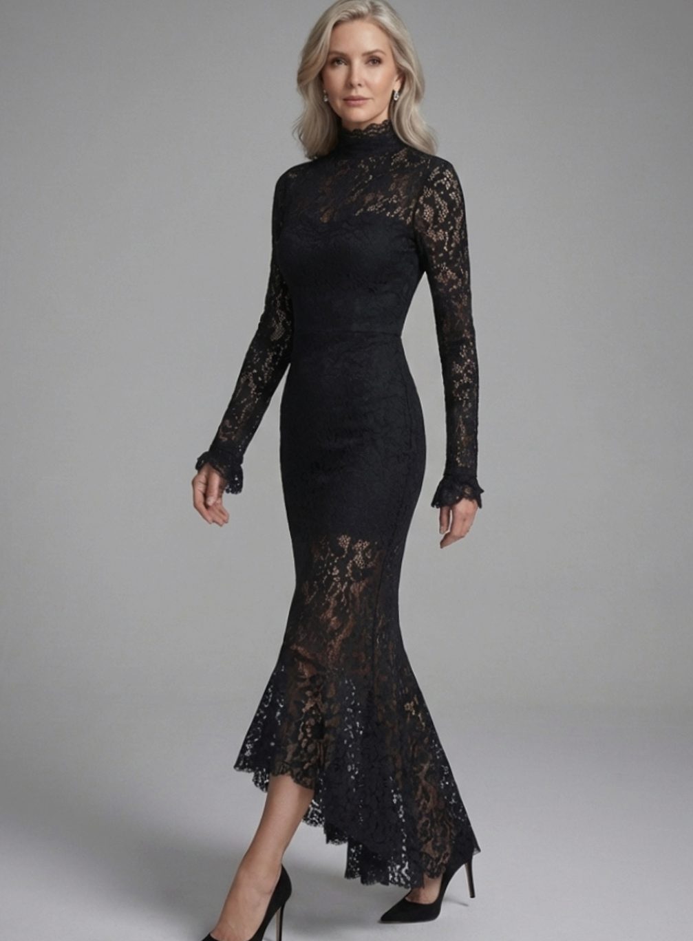 Damen-Midikleid aus Spitze im Meerjungfrauen-Stil mit Stehkragen und langen Ärmeln