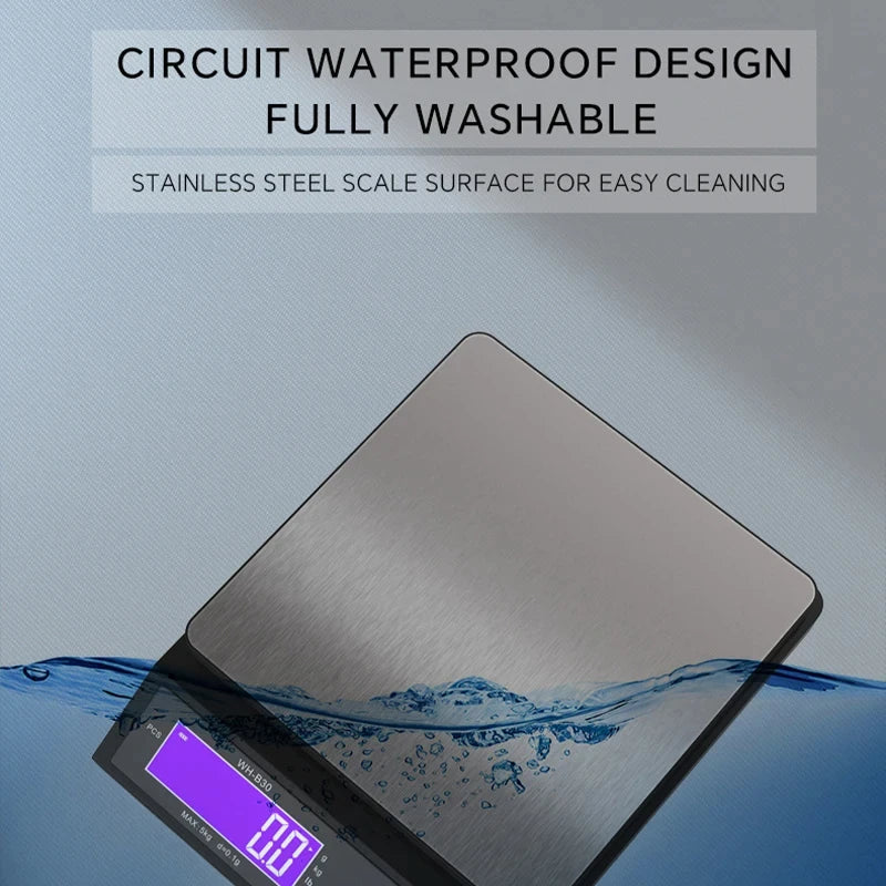 Digitale elektronische Küchenwaage 5 kg/0,1 g und 10 kg/1 g, LCD-Display, vollständig wasserdichtes Edelstahl-Backwerkzeug