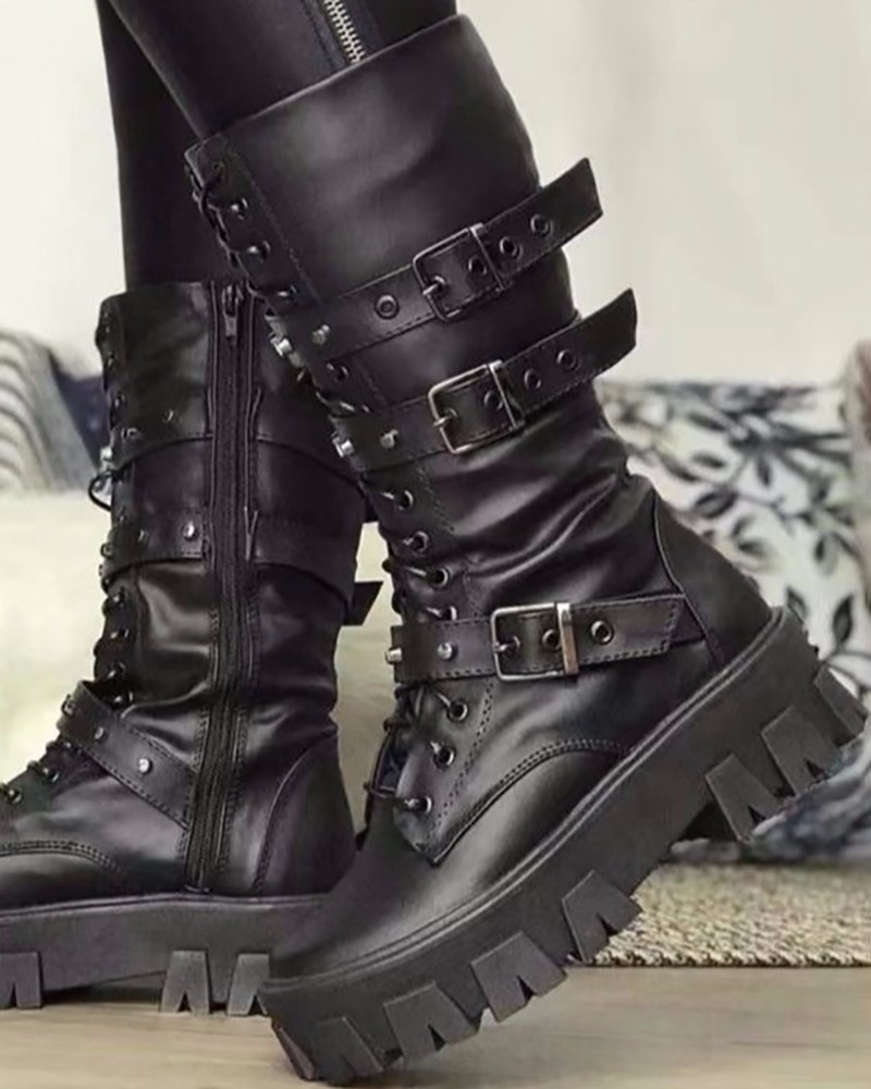 Modische Damenstiefel mit Reissverschluss und Schnallen
