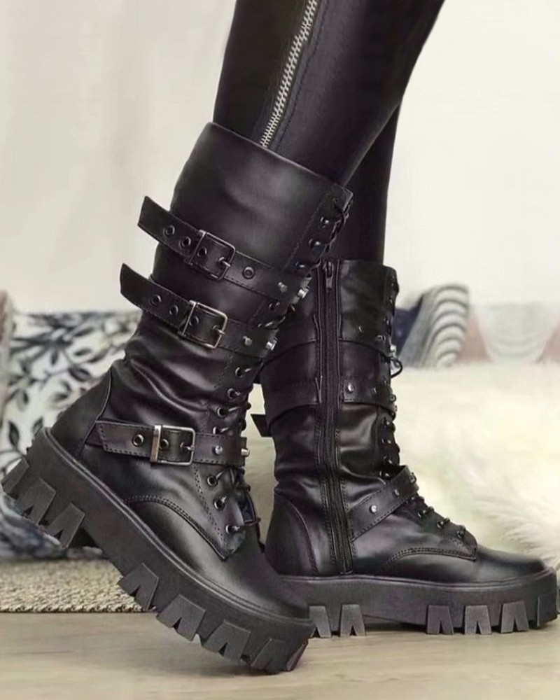 Modische Damenstiefel mit Reissverschluss und Schnallen