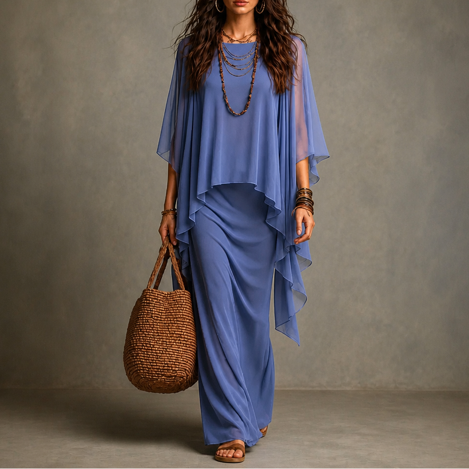 Drapiertes Maxikleid mit Cape-Ärmeln und asymmetrischem Saum