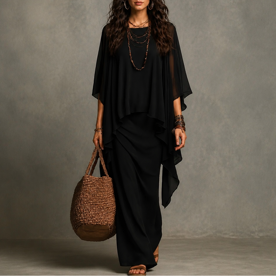 Drapiertes Maxikleid mit Cape-Ärmeln und asymmetrischem Saum