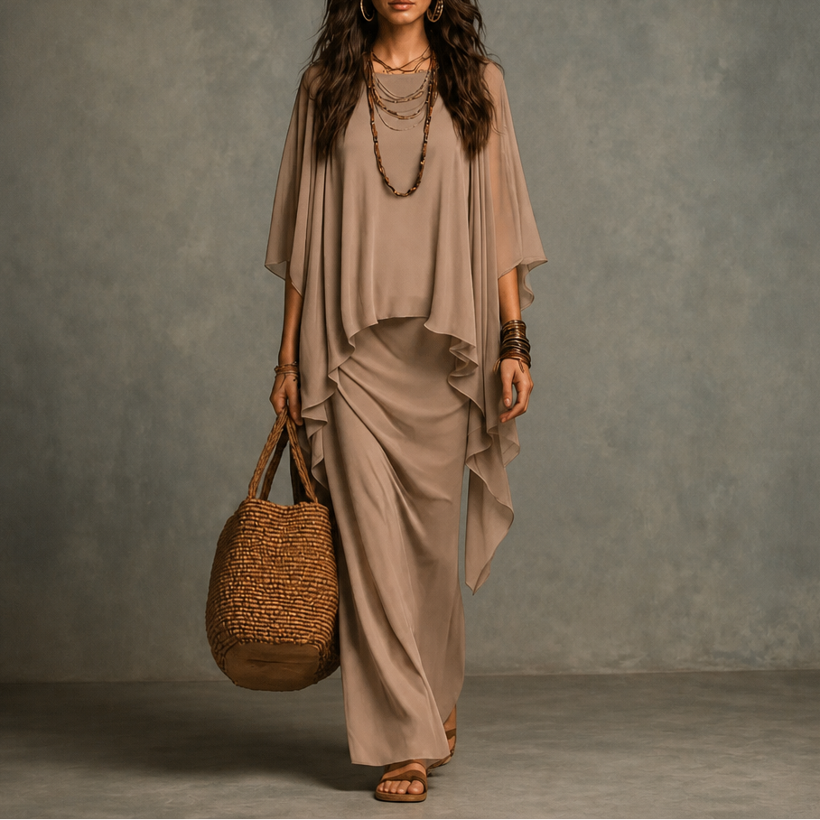 Drapiertes Maxikleid mit Cape-Ärmeln und asymmetrischem Saum