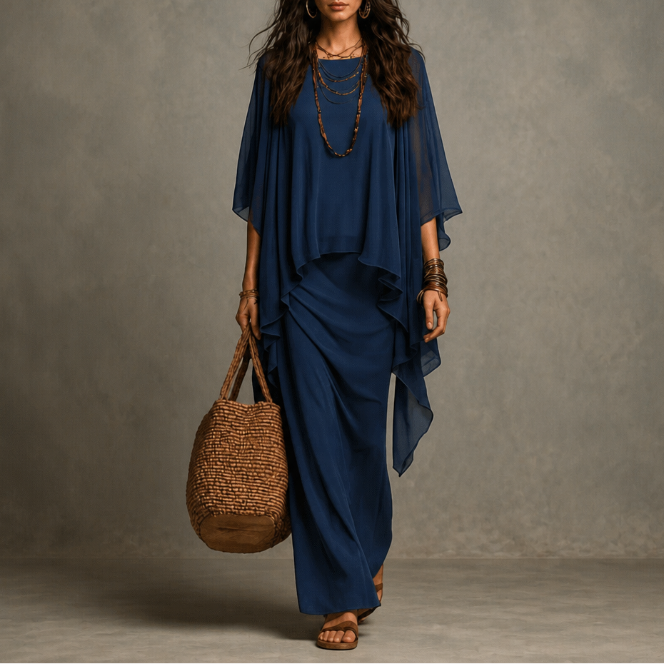 Drapiertes Maxikleid mit Cape-Ärmeln und asymmetrischem Saum