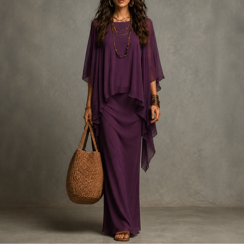 Drapiertes Maxikleid mit Cape-Ärmeln und asymmetrischem Saum