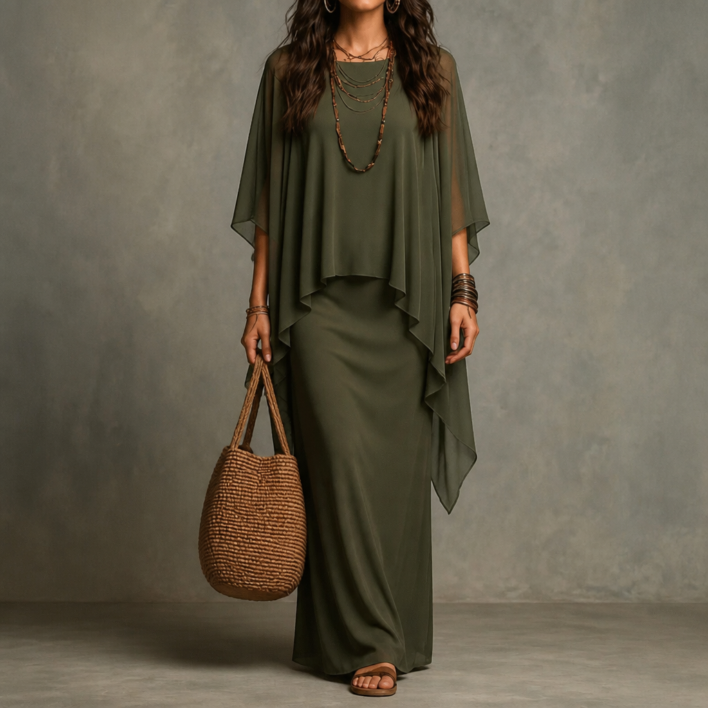 Drapiertes Maxikleid mit Cape-Ärmeln und asymmetrischem Saum