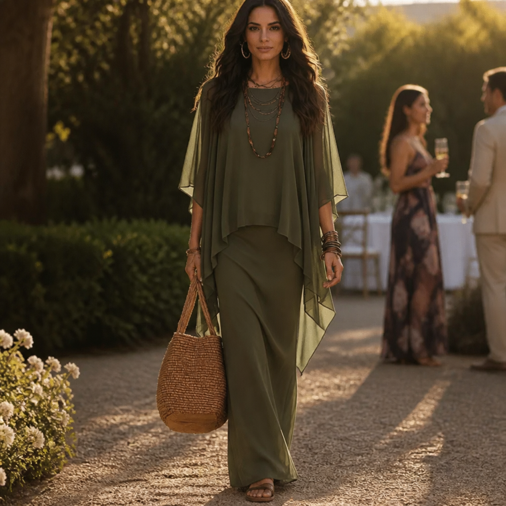 Drapiertes Maxikleid mit Cape-Ärmeln und asymmetrischem Saum