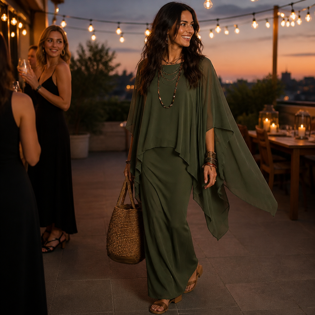 Drapiertes Maxikleid mit Cape-Ärmeln und asymmetrischem Saum