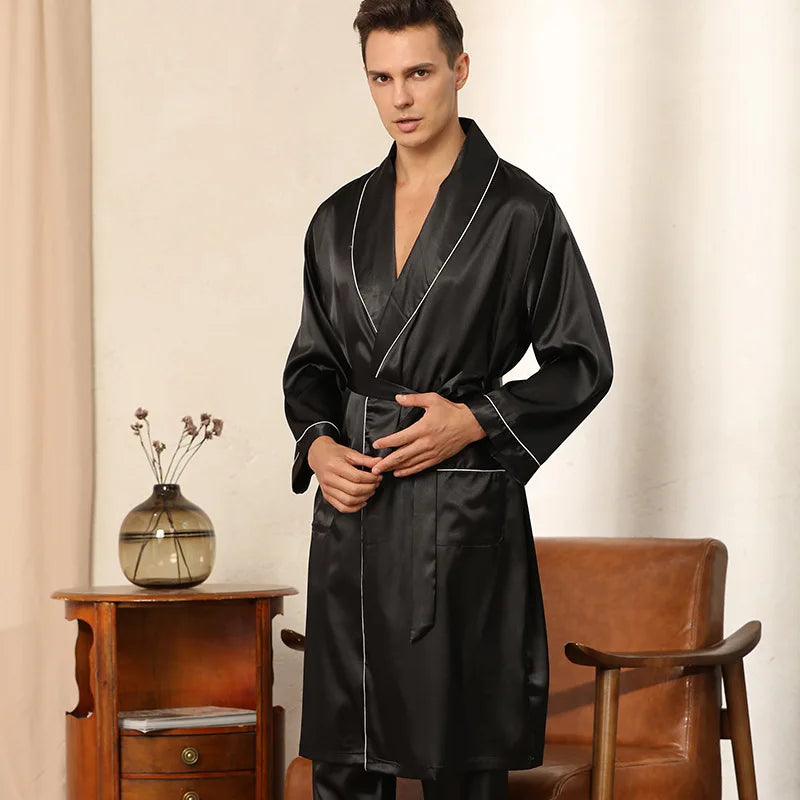 Elegantes Herren Satin-Bademantel-Set für Loungewear und zum Schlafen