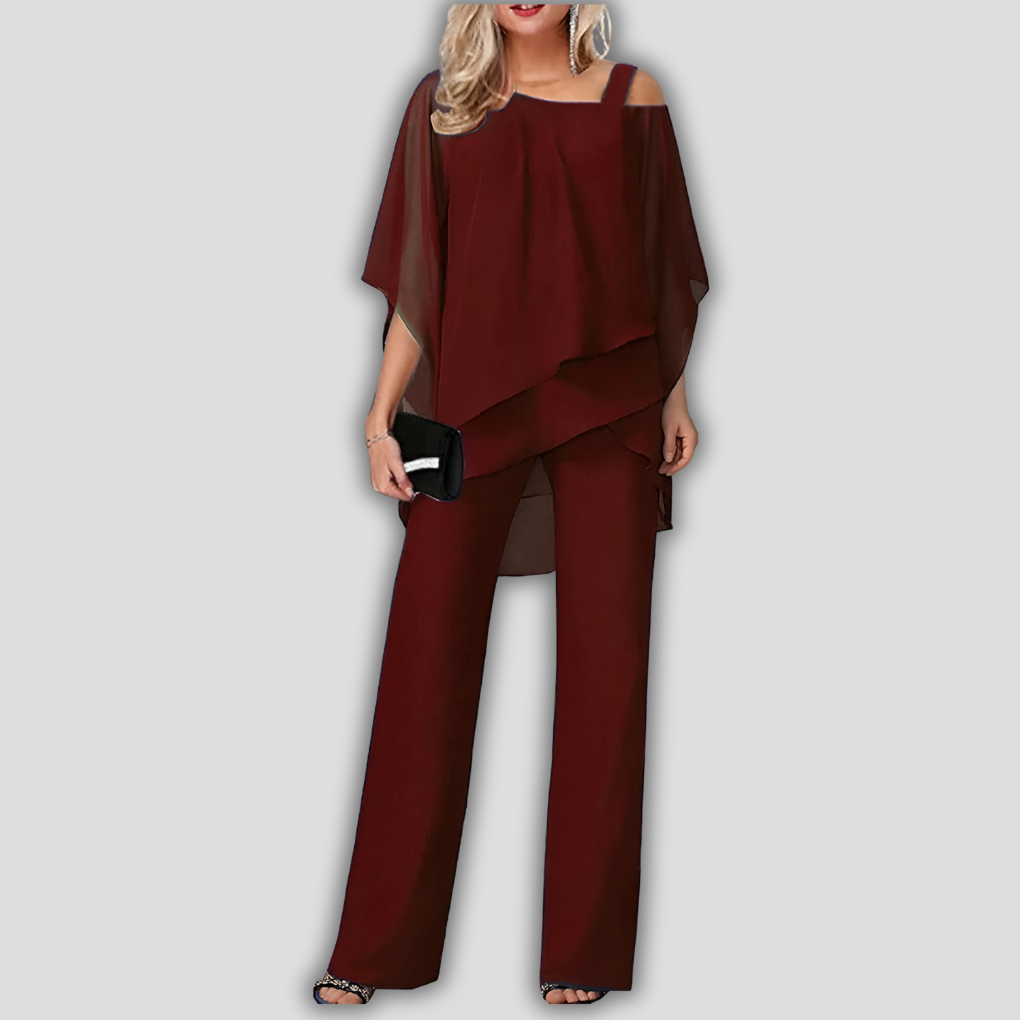 Eleganter zweiteiliger Chiffon-Hosenanzug mit mehrlagigem Cape-Oberteil