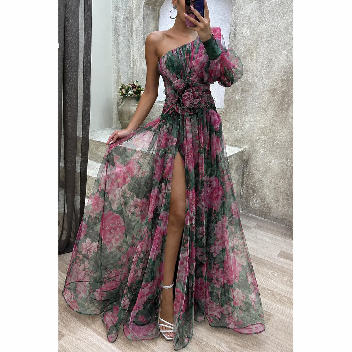 Elegantes Maxikleid mit transparentem Blumenmuster