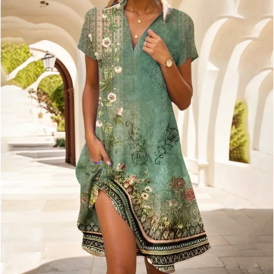 Elegantes herbstliches Blumenkleid mit V-Ausschnitt, Knöpfen und langen Ärmeln