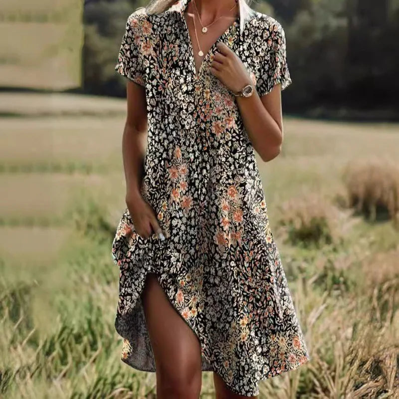 Elegantes herbstliches Blumenkleid mit V-Ausschnitt, Knöpfen und langen Ärmeln