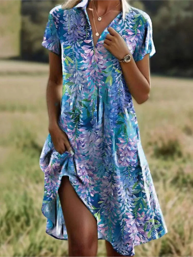 Elegantes herbstliches Blumenkleid mit V-Ausschnitt, Knöpfen und langen Ärmeln