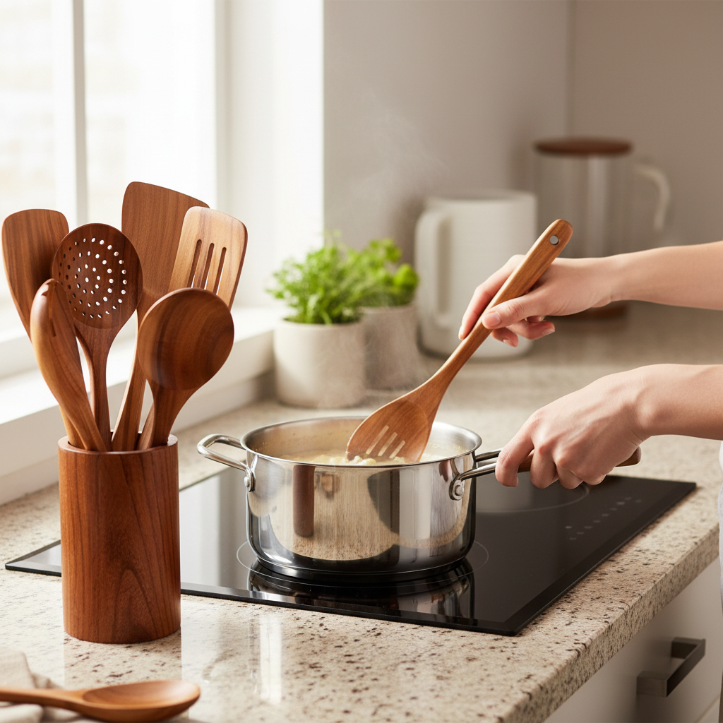 Elegantes Teakholz-Küchenhelfer-Set – 9-teilig, mit Halter