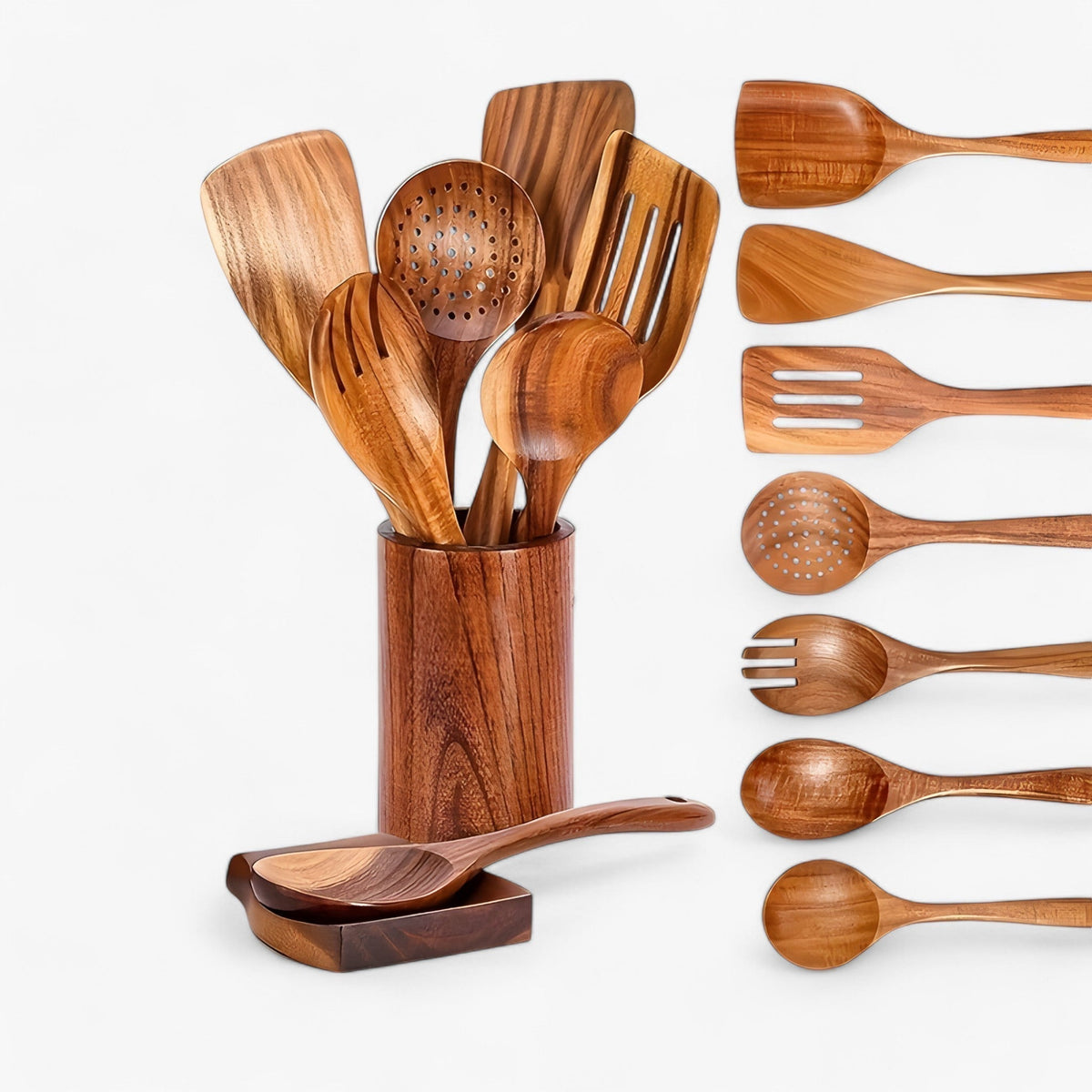 Elegantes Teakholz-Küchenhelfer-Set – 9-teilig, mit Halter